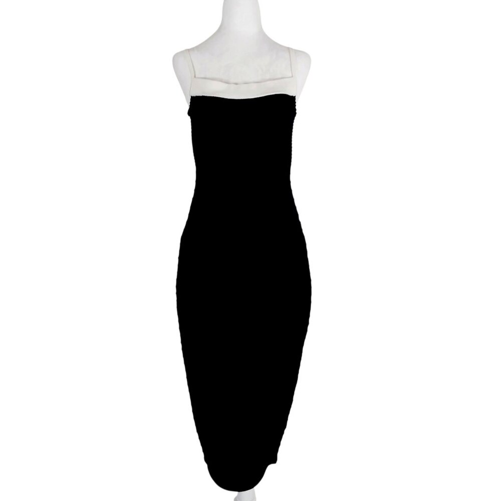 Express NWT M, Black W Creamy White Trim  Ribbed Knit Body Con Midi Dress Straps